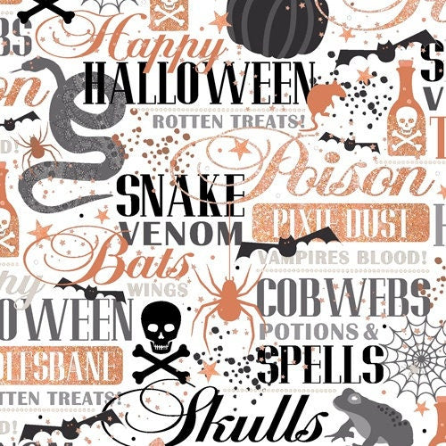 Potions and Spells by Studio 8 Copper Metallic Words on White Cotton Woven Fabric 24495-Z