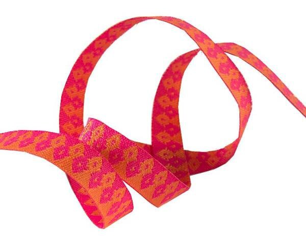 Tula Pink Chipper Wanderer Orange on Pink Woven 1/2" Wide Ribbon Priced Per yard