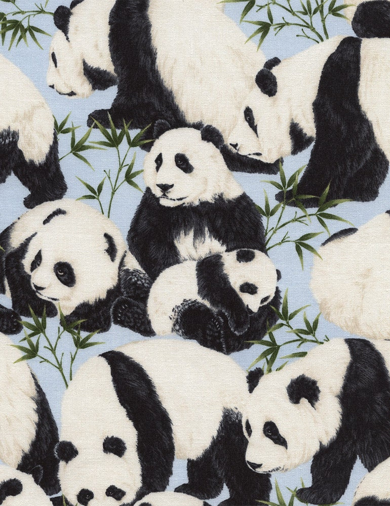Panda Bears Black and White on Cotton Woven Fabric