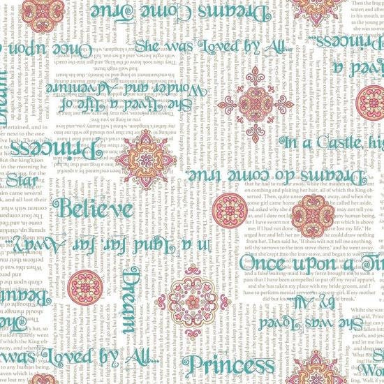 A Royal Princess, Teal Phrases on White 24520Z Cotton Woven Fabric