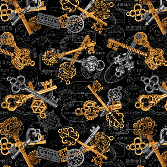 Time Travel by Urban Essence Designs Keys Black 3015-99 Cotton Woven Fabric