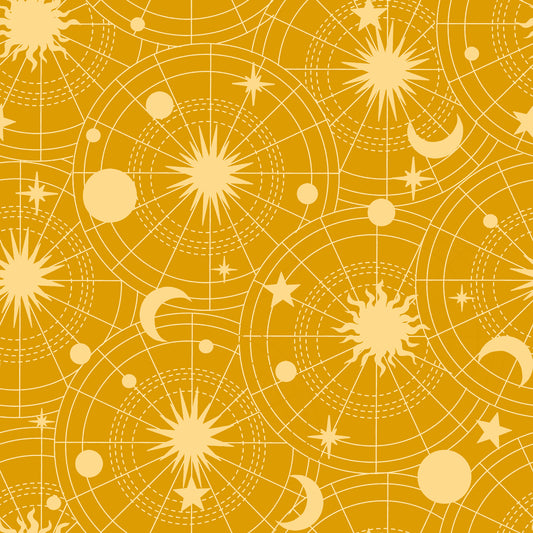 Celestial Galaxy by Color Pop Studio Linear Stars and Moons Yellow 3285-44 Cotton Woven Fabric