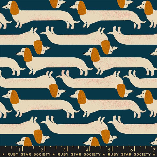PREORDER ITEM - EXPECTED MAY 2024: Dog Park by Sarah Watts of Ruby Star Society Long Dog Teal Navy    RS2096-13 Cotton Woven Fabric