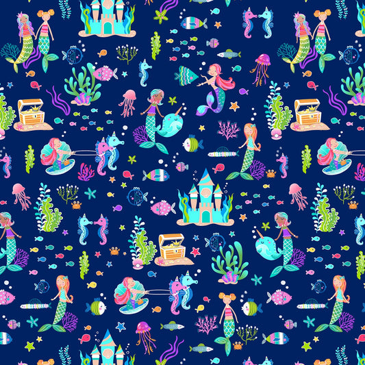 Mystical Mermaids Mermaid Party Pearlized Navy 12520PB-56 Cotton Woven Fabric