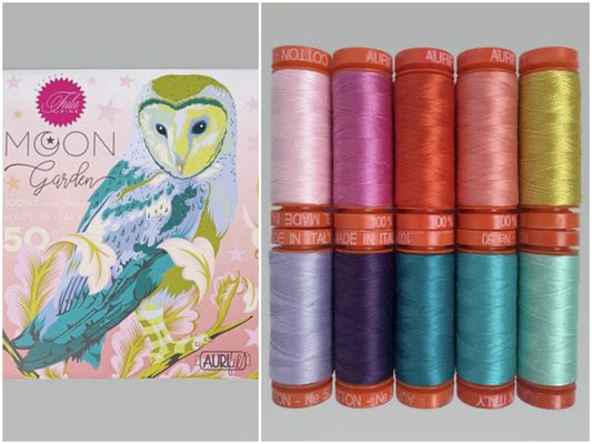 Tula Pink Moon Garden 50 wt, 10 Small Spools Cotton 50WT: 2410, 2479, 2245, 2435, 5015, 2560, 2581, 4093, 1148, and 2830