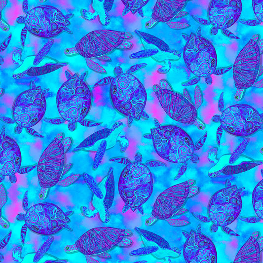 Prismatic by Nick Gustafson Moonlit Glow Turtles Turquoise    CD1488-TURQ Cotton Woven Fabric