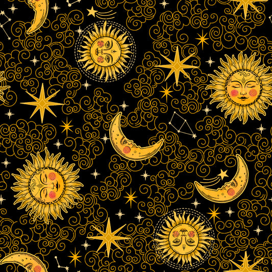 Celestial Galaxy by Color Pop Studio Moons and Clouds Black 3287-99 Cotton Woven Fabric