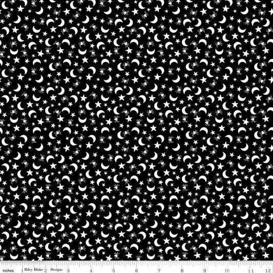 Fright Delight by LIndsay Wilkes of the Cottage Mama Moons and Stars Black C13233-BLACK Cotton Woven Fabric