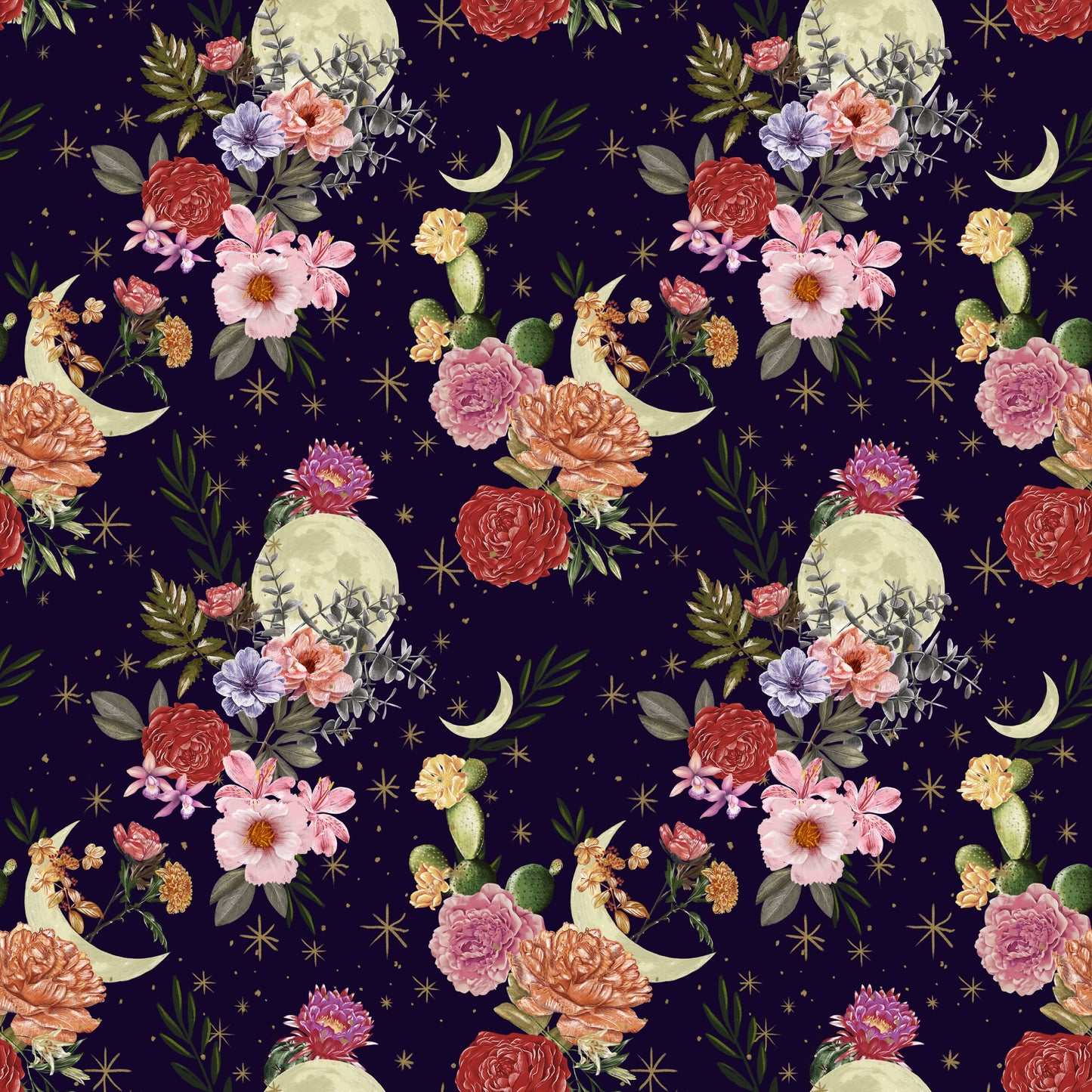 Midnight Rendezvous by Raquel Maciel Moons with Flowers and Cactus Dark Purple    2895-59 Cotton Woven Fabric