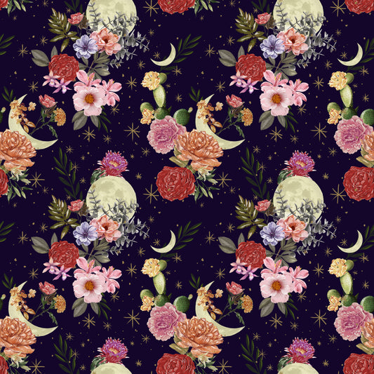 Midnight Rendezvous by Raquel Maciel Moons with Flowers and Cactus Dark Purple    2895-59 Cotton Woven Fabric