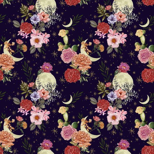 Midnight Rendezvous by Raquel Maciel Moons with Flowers and Cactus Dark Purple 2895-59 Cotton Woven Fabric