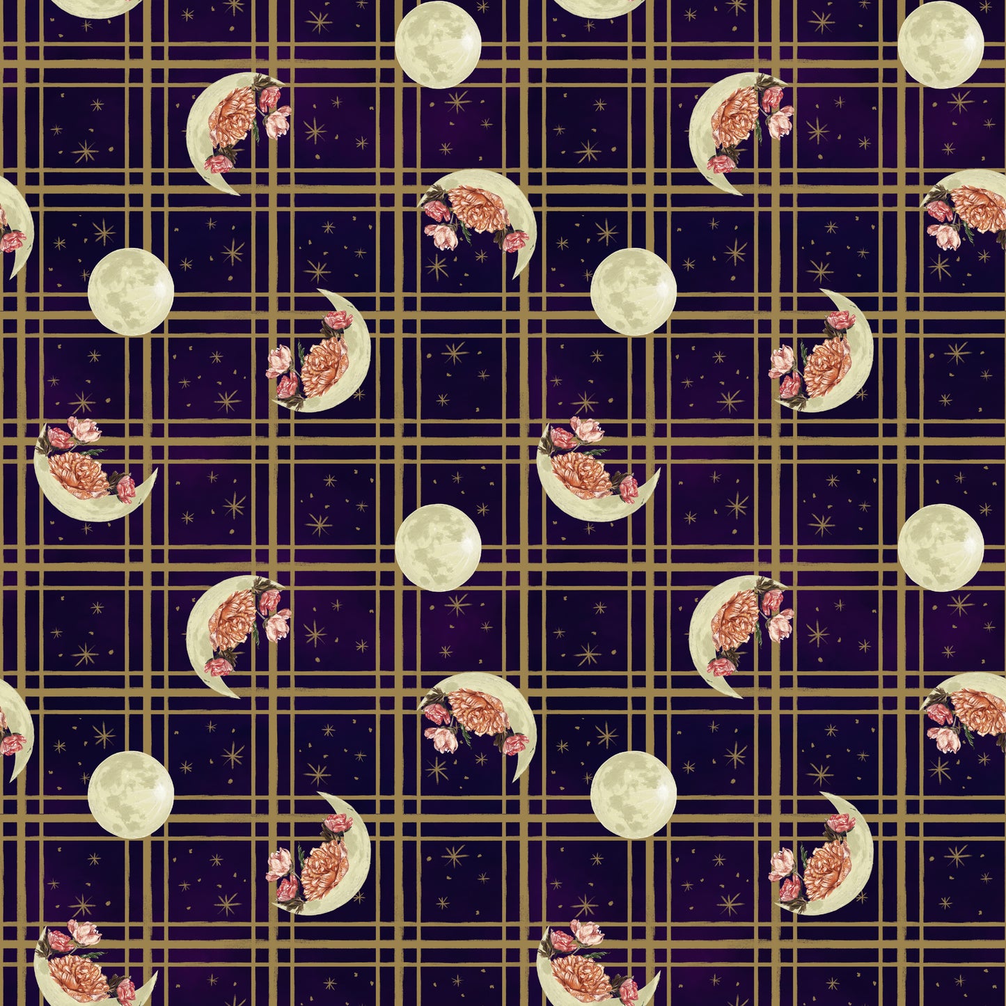Midnight Rendezvous by Raquel Maciel Moons with Flowers on Plaid Dark Purple    2900-59 Cotton Woven Fabric