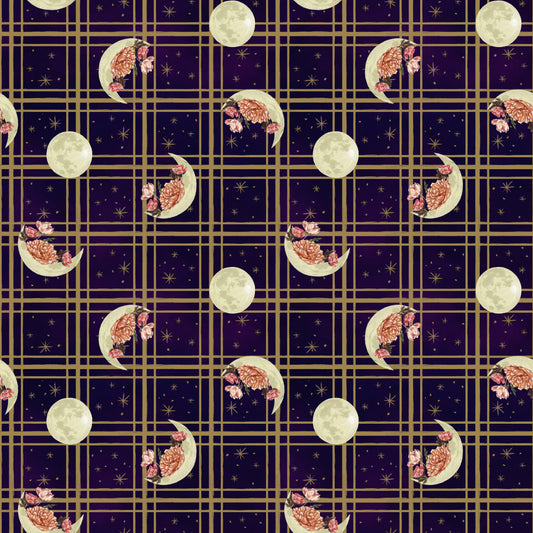 Midnight Rendezvous by Raquel Maciel Moons with Flowers on Plaid Dark Purple    2900-59 Cotton Woven Fabric