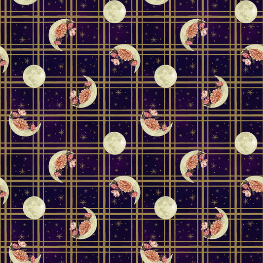 Midnight Rendezvous by Raquel Maciel Moons with Flowers on Plaid Dark Purple 2900-59 Cotton Woven Fabric