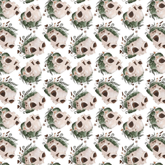 Goblincore by Rae Ritchie Mossy Skulls White    ST-DRR2538WHITE Cotton Woven Fabric