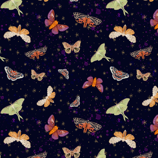 Midnight Rendezvous by Raquel Maciel Moths Dark Purple    2899-59 Cotton Woven Fabric