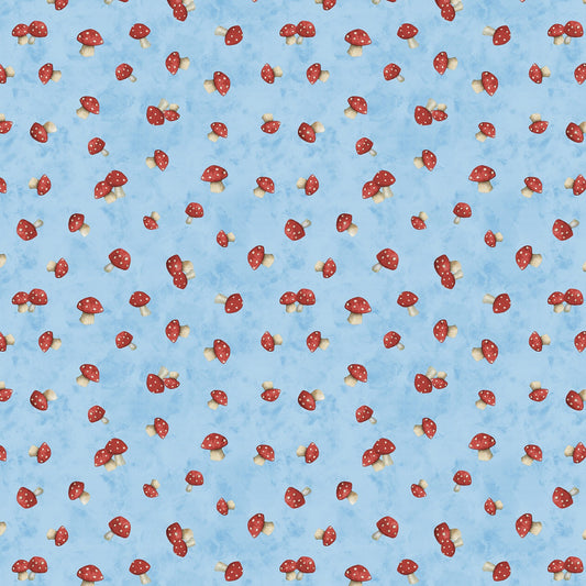 New Arrival: Buzzin with My Gnome-iezz  by Susan Winget Mushroom Toss Blue    39839-431 Cotton Woven Fabric