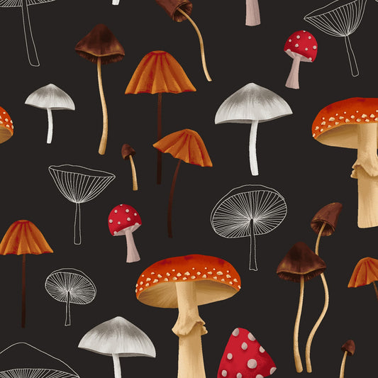 Midnight Flora by Melissa Lowry Mushrooms Dark Black Y3387-115 Cotton Woven Fabric