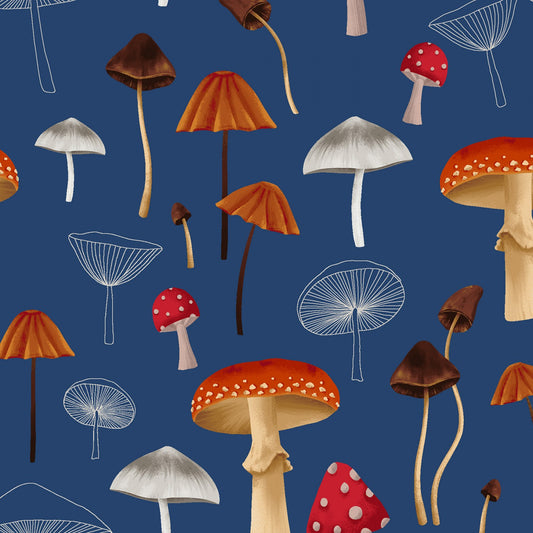 Midnight Flora by Melissa Lowry Mushrooms Dark Denim Y3387-89 Cotton Woven Fabric