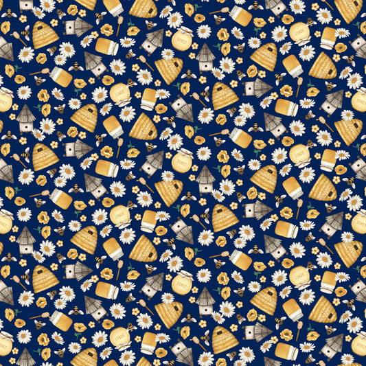 Bee All You Can Bee by Art Loft Novelty Dark Blue    6949-77 Cotton Woven Fabric