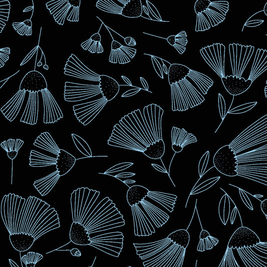 Midnight Flora by Melissa Lowry Outlined Flowers Dark Black Y3389-115 Cotton Woven Fabric