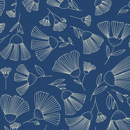 Midnight Flora by Melissa Lowry Outlined Flowers Dark Denim Y3389-89 Cotton Woven Fabric