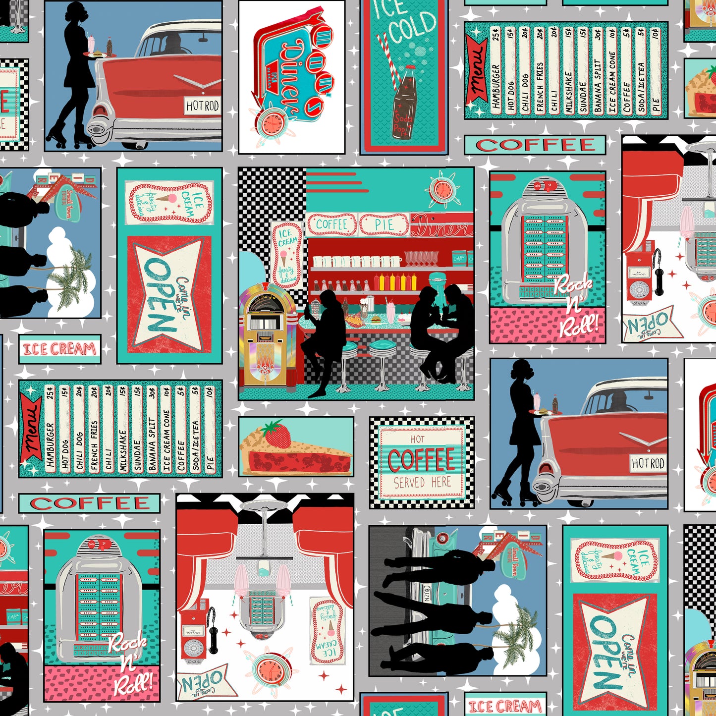 Diners & Drive-Ins By Jen Bucheli Patch Diner Scenes Lt. Blue    2425-70 Cotton Woven Fabric