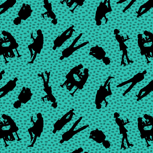 Diners & Drive-Ins By Jen Bucheli People Silhouettes Turquoise    2426-76 Cotton Woven Fabric