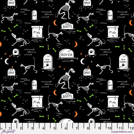 Scaredy Cat by Rachel Hauer Pet Cemetery PWRH040.BLACK Cotton Woven Fabric
