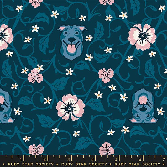PREORDER ITEM - EXPECTED MAY 2024:  Dog Park by Sarah Watts of Ruby Star Society Pitbull Teal Navy    RS2095-14 Cotton Woven Fabric