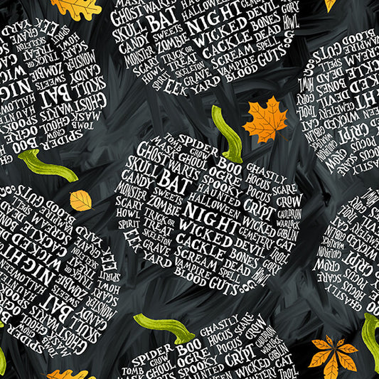 Halloween Countdown by Urban Essence Designs Pumpkins with Halloween Words Black Glow in the Dark 2261G-99 Cotton Woven Fabric