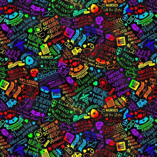 Proud to be a Nurse by Gail Cadden Rainbow Nursing Text Black CD1578-BLACK Cotton Woven Fabric