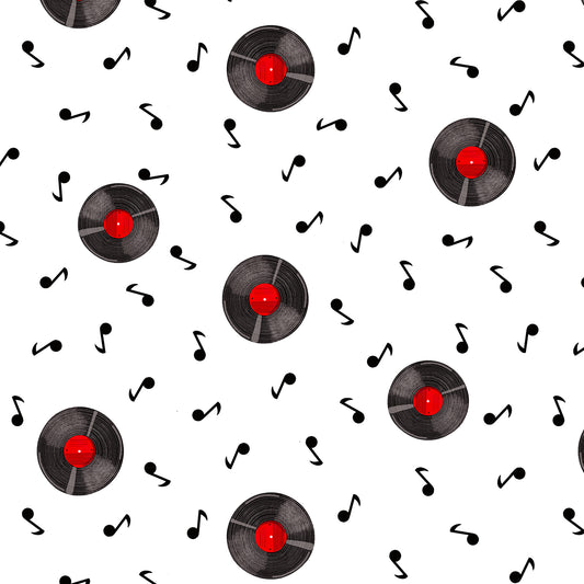 Diners & Drive-Ins By Jen Bucheli Records with Musical Notes White 2428-01 Cotton Woven Fabric