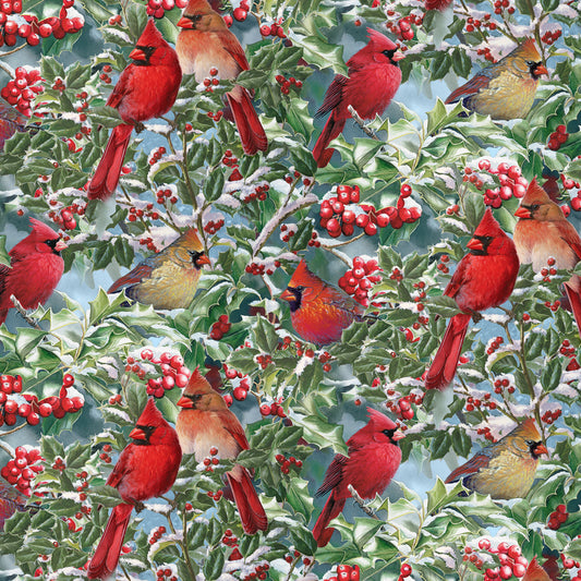 Four Season Christmas Red Cardinals & Hollies Multi WW30354C1 Cotton Woven Fabric