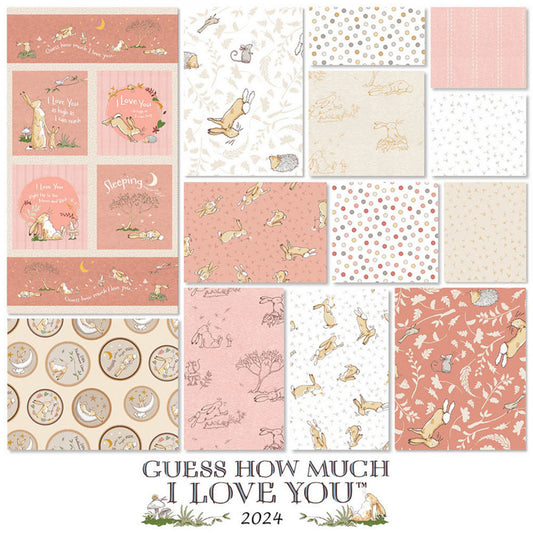 PREORDER ITEM - EXPECTED AUGUST 2024: Licensed Guess How Much I Love You 2024 Rust Fat Quarter Quarter Bundle of 12 & 1 panel   FQ0479 Bundle