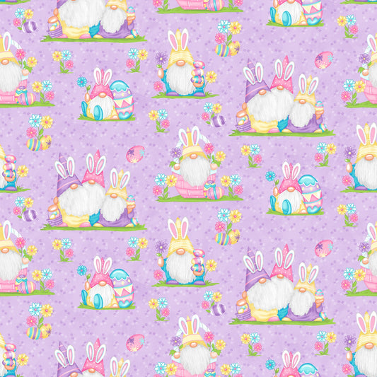 Hoppy Easter Gnomies by Shelly Comiskey Scenic Lavender    564-55 Cotton Woven Fabric