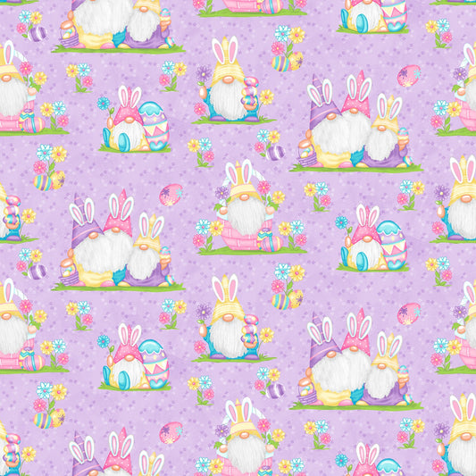 Hoppy Easter Gnomies by Shelly Comiskey Scenic Lavender 564-55 Cotton Woven Fabric