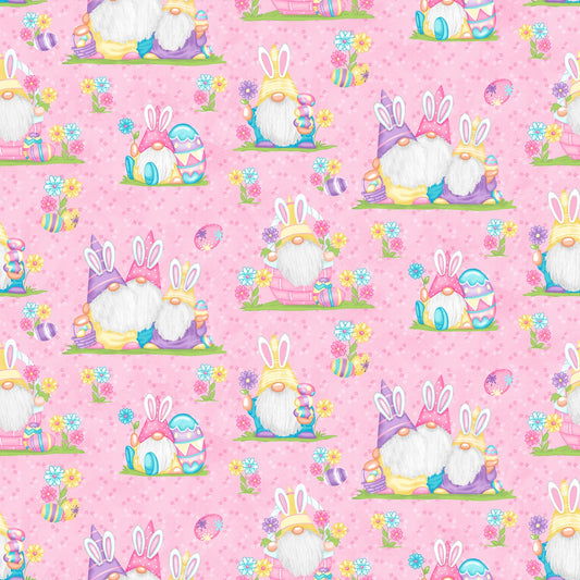 Hoppy Easter Gnomies by Shelly Comiskey Scenic Pink    564-22 Cotton Woven Fabric