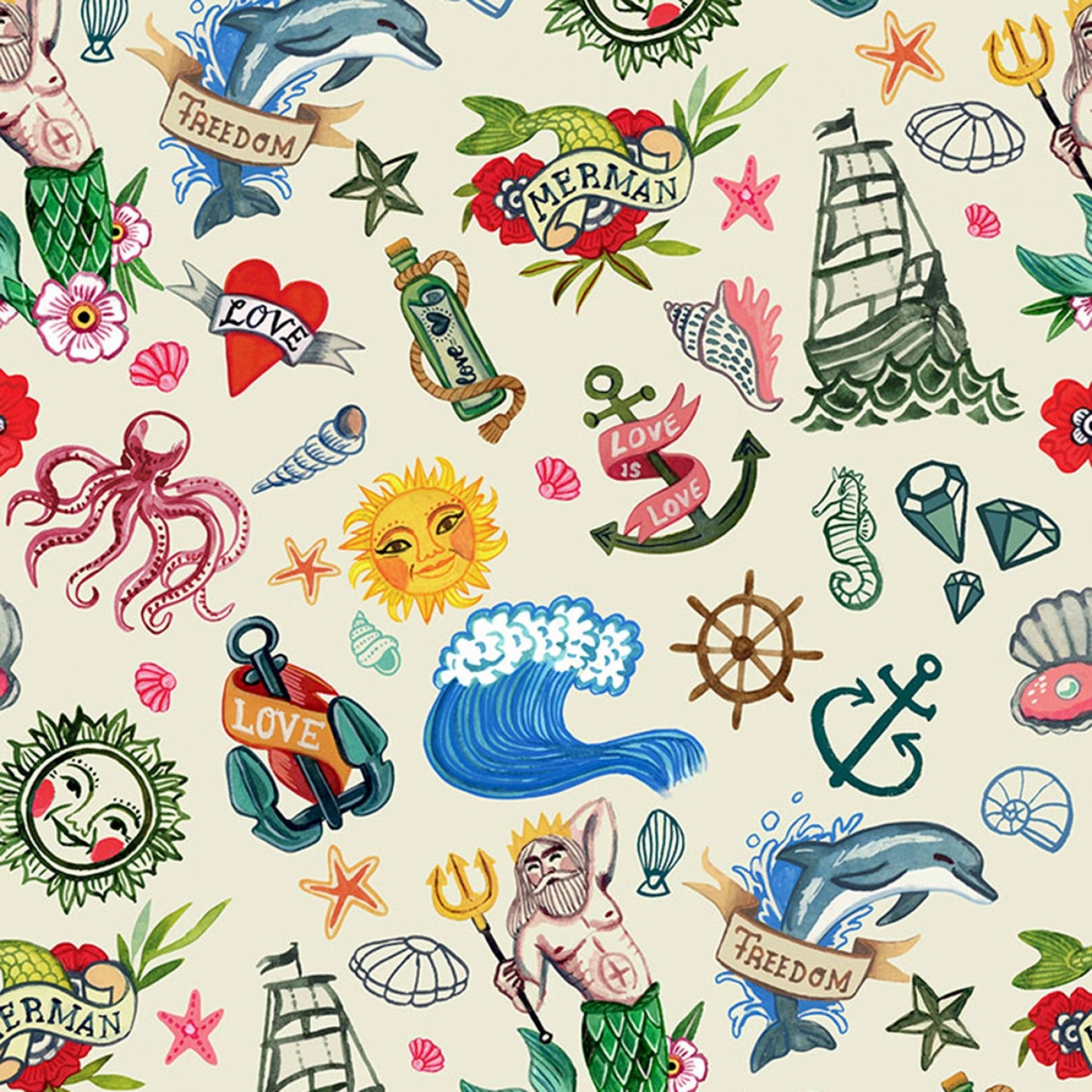 You're A Catch by Miriam Bos Sea Tattoos Cream  ST-DMB2140CREA Cotton Woven Fabric