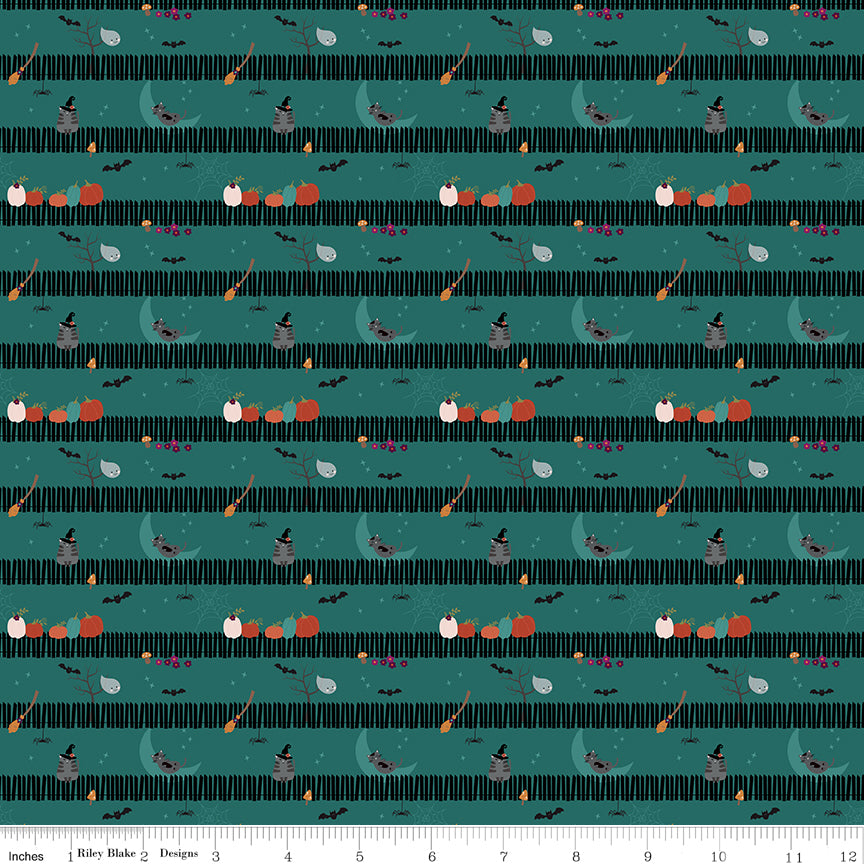 New Arrival: Little Witch by Jennifer Long Sitting on a Gate Teal    C14564-TEAL Cotton Woven Fabric