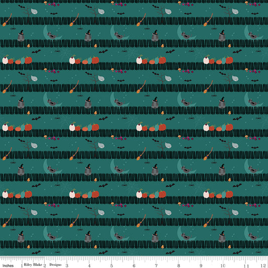 Little Witch by Jennifer Long Sitting on a Gate Teal C14564-TEAL Cotton Woven Fabric