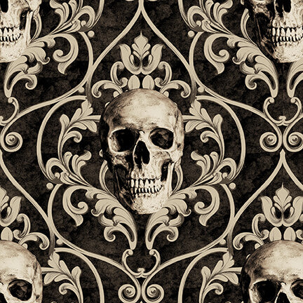 Deja Boo by Satin Moon Designs Skull Damask Black    2160-99 Cotton Woven Fabric