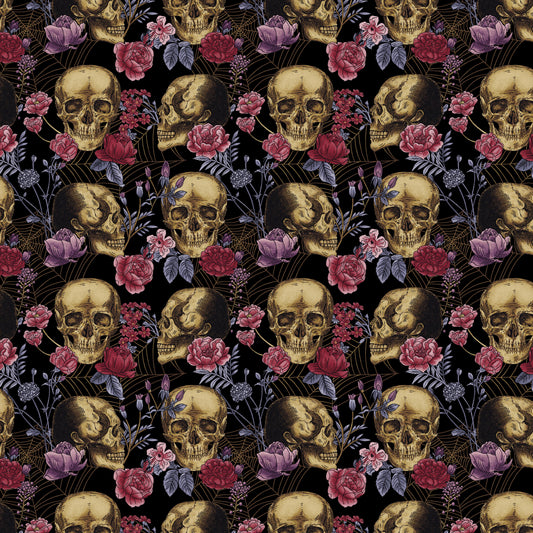 Bones Collection by Melissa Wang Skulls and Flowers Black    7114-99 Cotton Woven Fabric