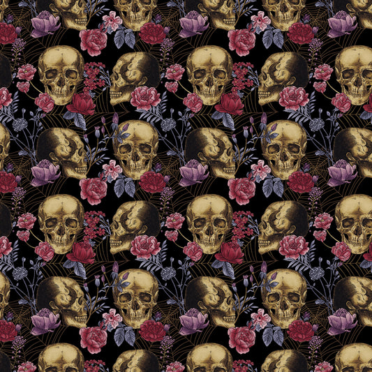 Bones Collection by Melissa Wang Skulls and Flowers Black 7114-99 Cotton Woven Fabric