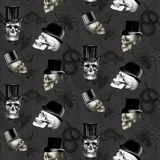 Wicked Skulls In Top Hats Charcoal C1445-CHARCOAL Cotton Woven Fabric