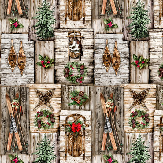 Holidays Sled, Skis, Wreaths On Wood Natural CD1471-NATURAL Cotton Woven Fabric