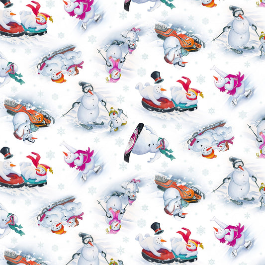 Let it Snow by Tom Steele Jones Snowman Tossed 3007E-WHITE Cotton Woven Fabric