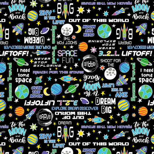 Lift Off Glow in the Dark Space Words Black Glows in the Dark  12608GB-12 Cotton Woven Fabric