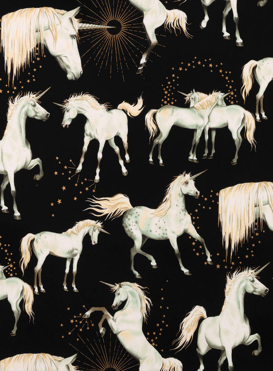 Nicole's Prints Stars of the Unicorns Black (Large unicorn head is 8.25" from top of the horn) 8676B Cotton Woven Fabric