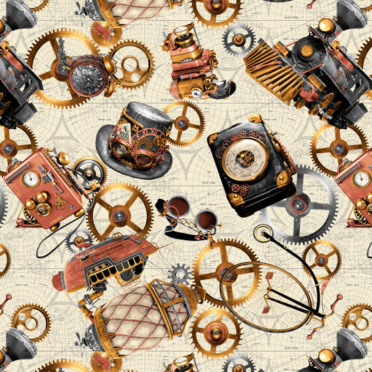 Time Travel by Urban Essence Designs Steampunk Motifs Ivory 3020-41 Cotton Woven Fabric